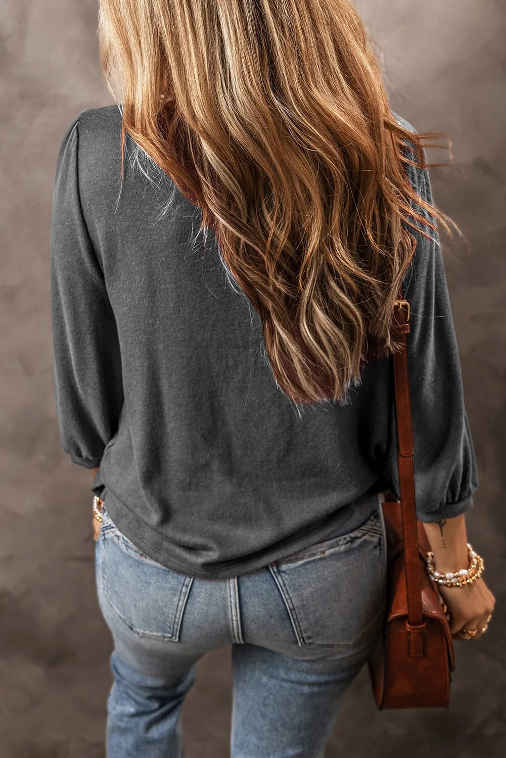 Medium Grey Solid Color Sleeve Round Neck Blouse