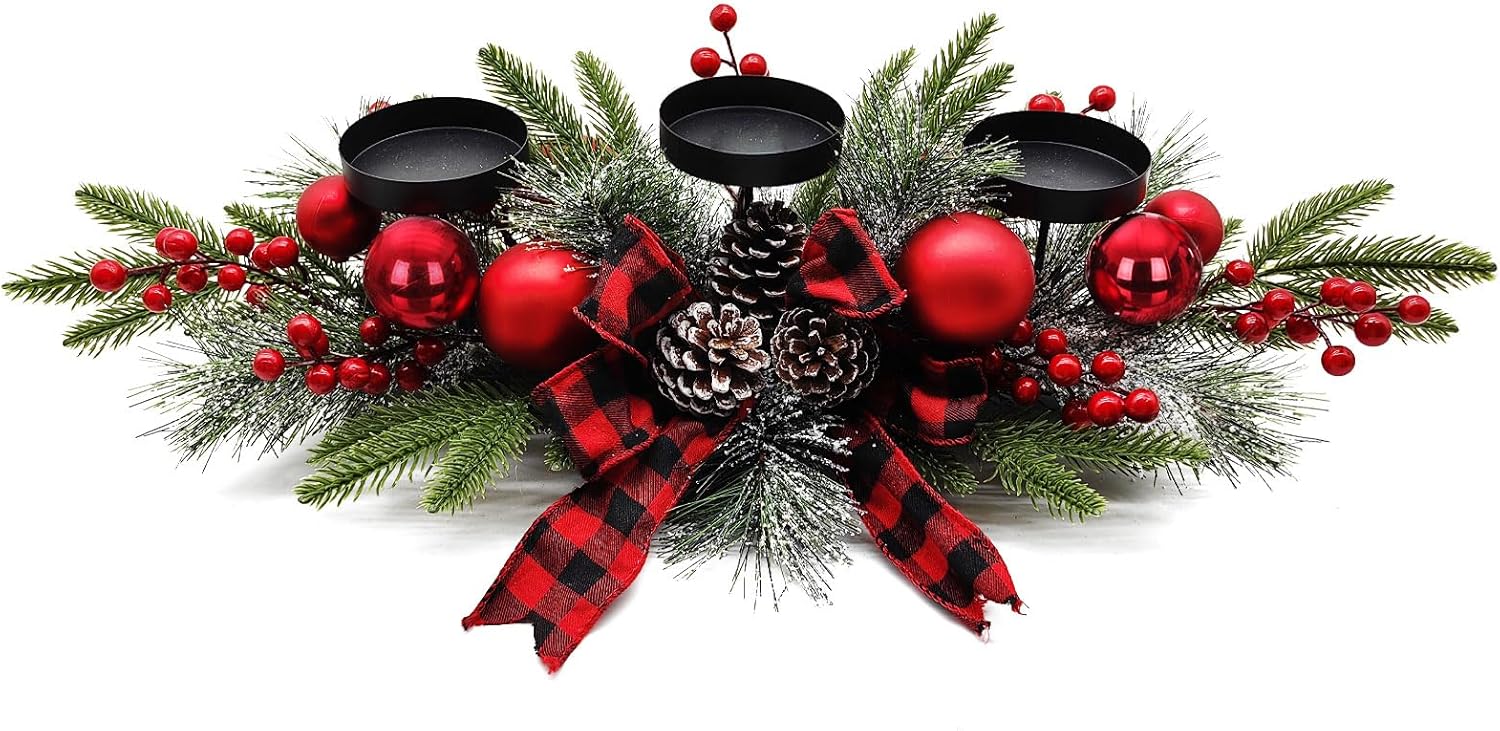 27.5-Inch Christmas Table Centerpiece with Candle Holders, Red Berries, and Pine Cones - Grand Goldman