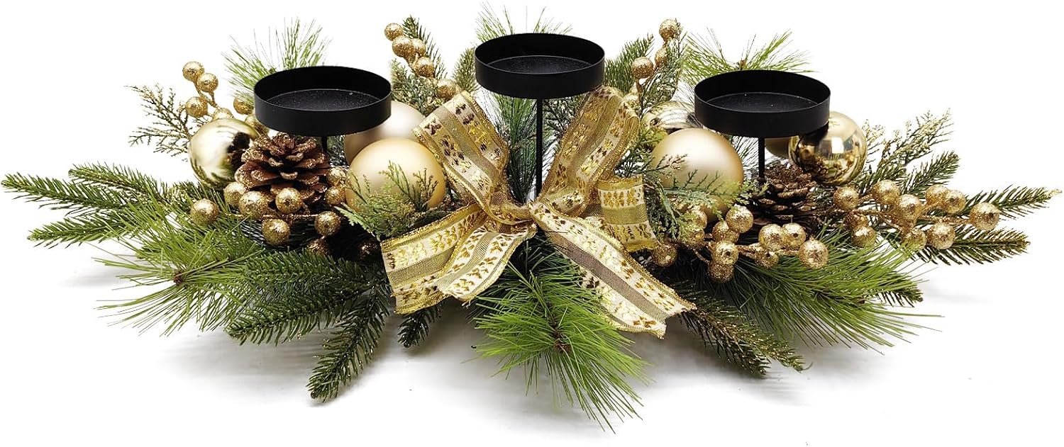 27.5-Inch Christmas Table Centerpiece with Candle Holders, Red Berries, and Pine Cones - Grand Goldman