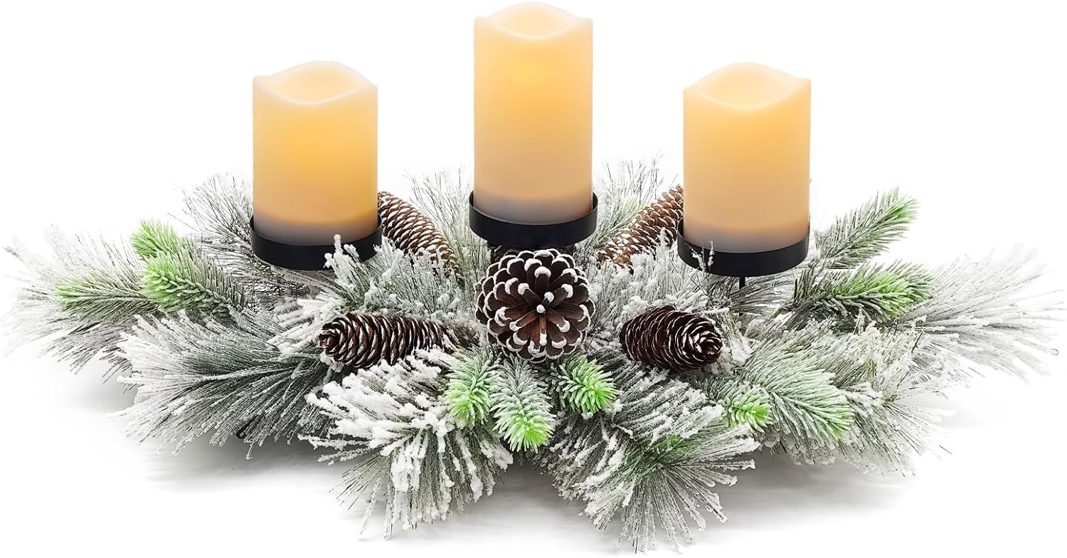 27.5-Inch Christmas Table Centerpiece with Candle Holders, Red Berries, and Pine Cones - Grand Goldman