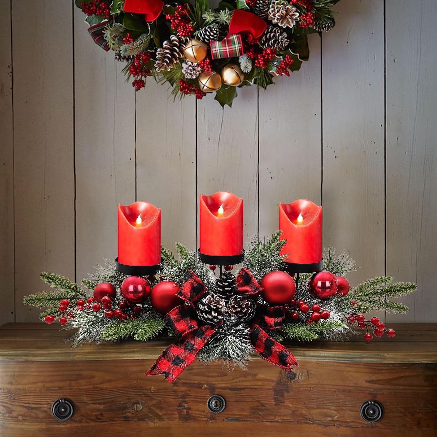 27.5-Inch Christmas Table Centerpiece with Candle Holders, Red Berries, and Pine Cones - Grand Goldman