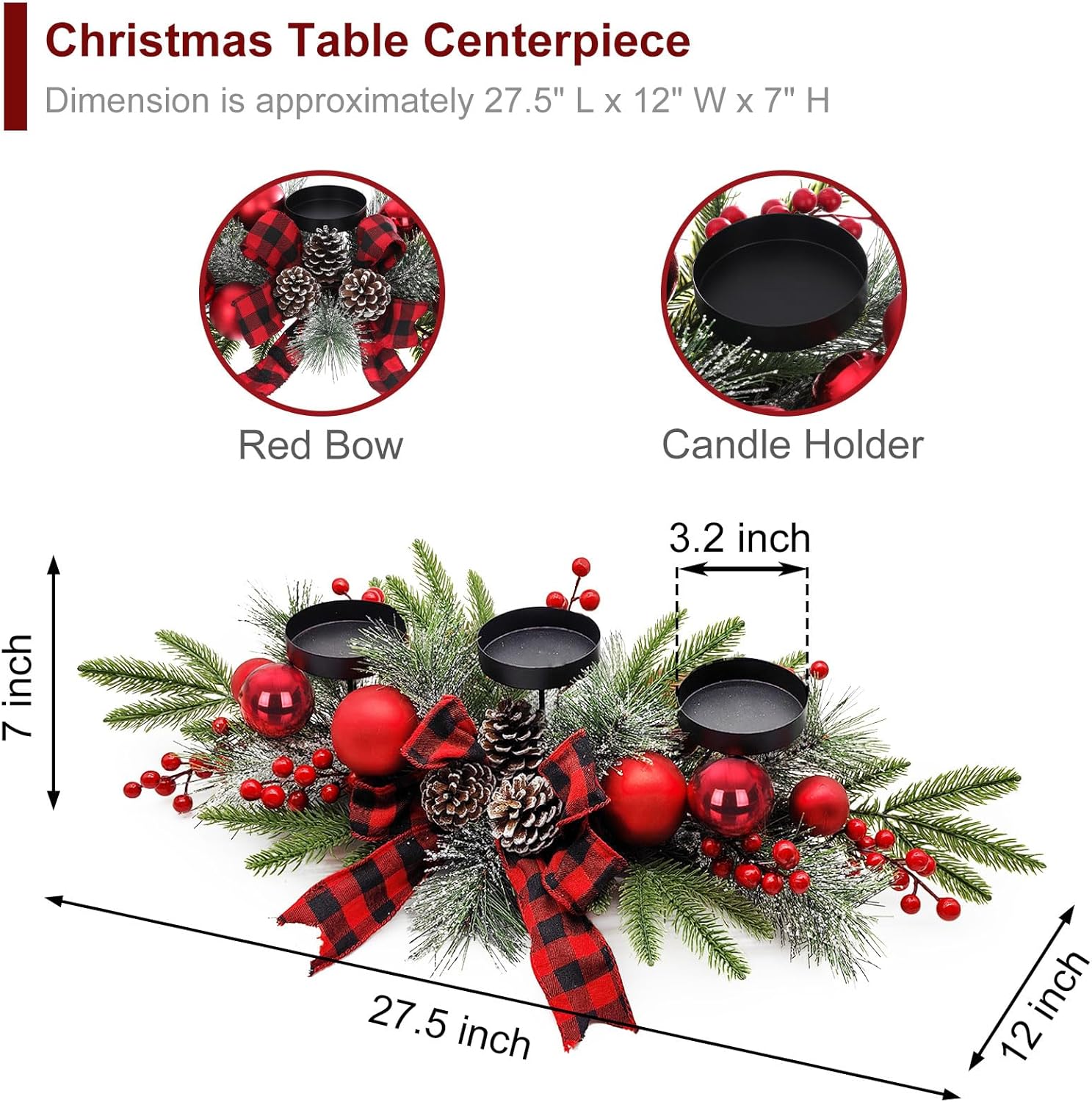 27.5-Inch Christmas Table Centerpiece with Candle Holders, Red Berries, and Pine Cones - Grand Goldman
