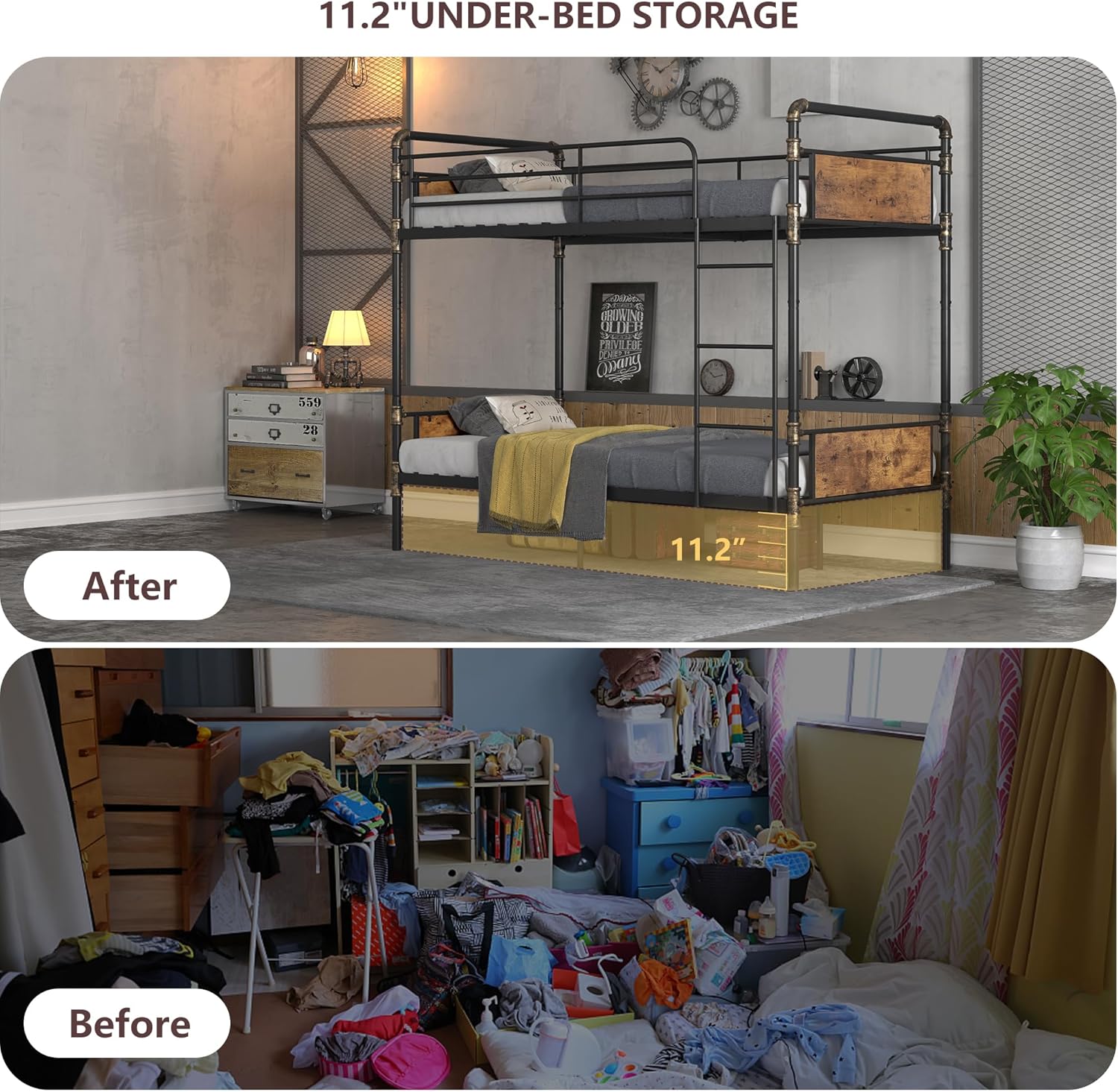 2 IN 1 Metal Bunk Bed Twin Over Twin, Convertible Twin Bunk Beds into 2 Individual Twin Size Bed for Kids Adults, 16.5" High Guard Rail,Space-Saving No Box Spring Needed Easy Assembly (Vintage Brown) - Grand Goldman