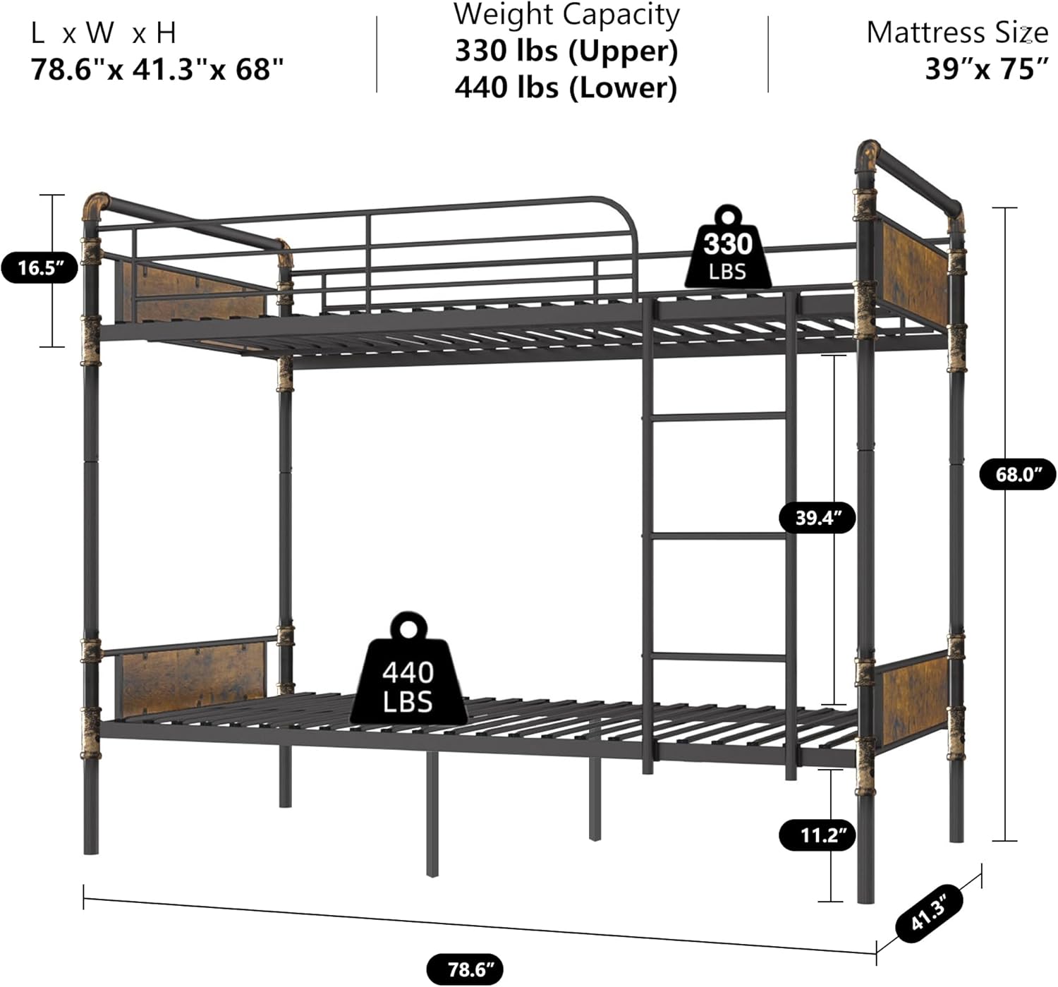 2 IN 1 Metal Bunk Bed Twin Over Twin, Convertible Twin Bunk Beds into 2 Individual Twin Size Bed for Kids Adults, 16.5" High Guard Rail,Space-Saving No Box Spring Needed Easy Assembly (Vintage Brown) - Grand Goldman