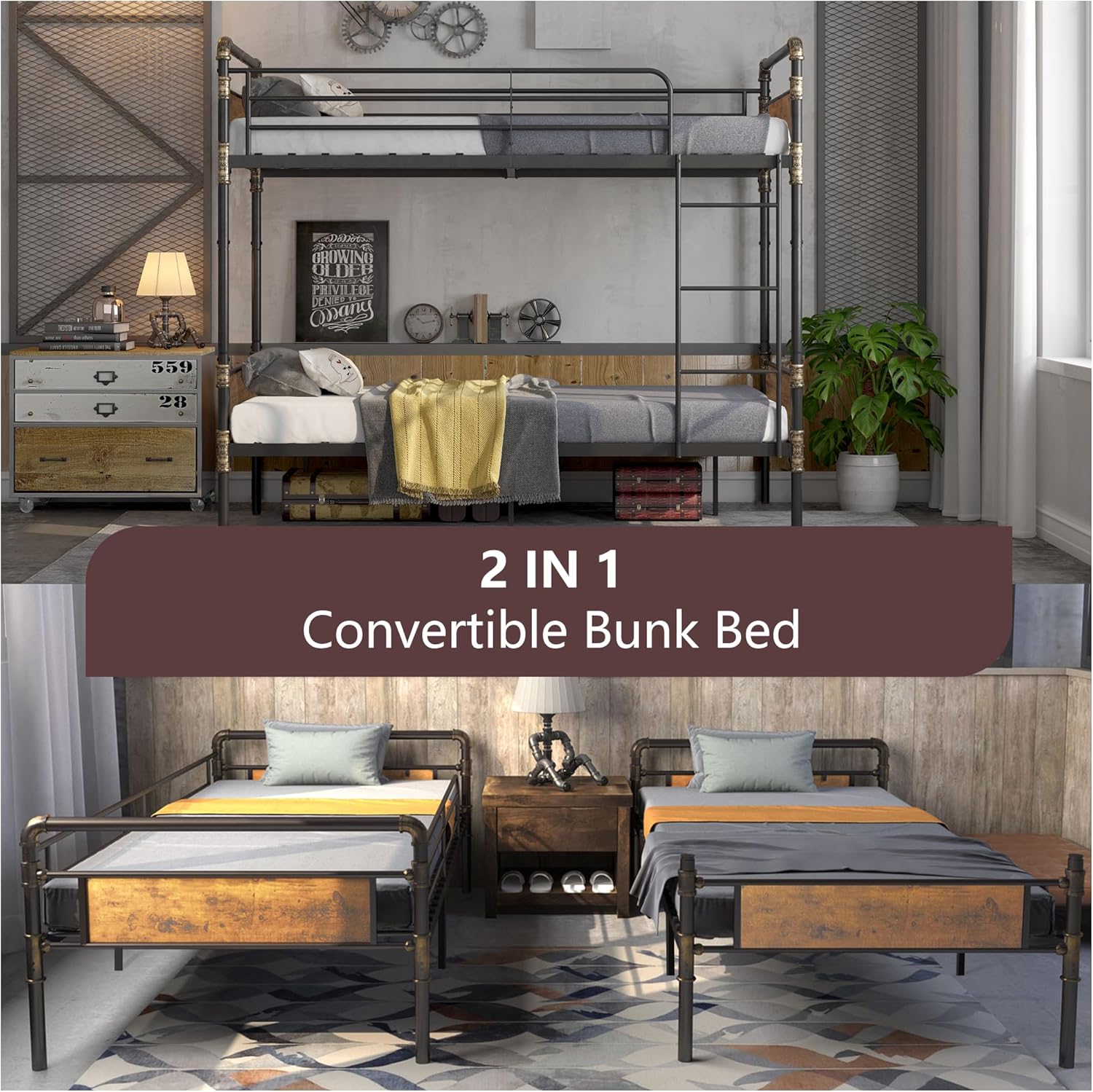 2 IN 1 Metal Bunk Bed Twin Over Twin, Convertible Twin Bunk Beds into 2 Individual Twin Size Bed for Kids Adults, 16.5" High Guard Rail,Space-Saving No Box Spring Needed Easy Assembly (Vintage Brown) - Grand Goldman