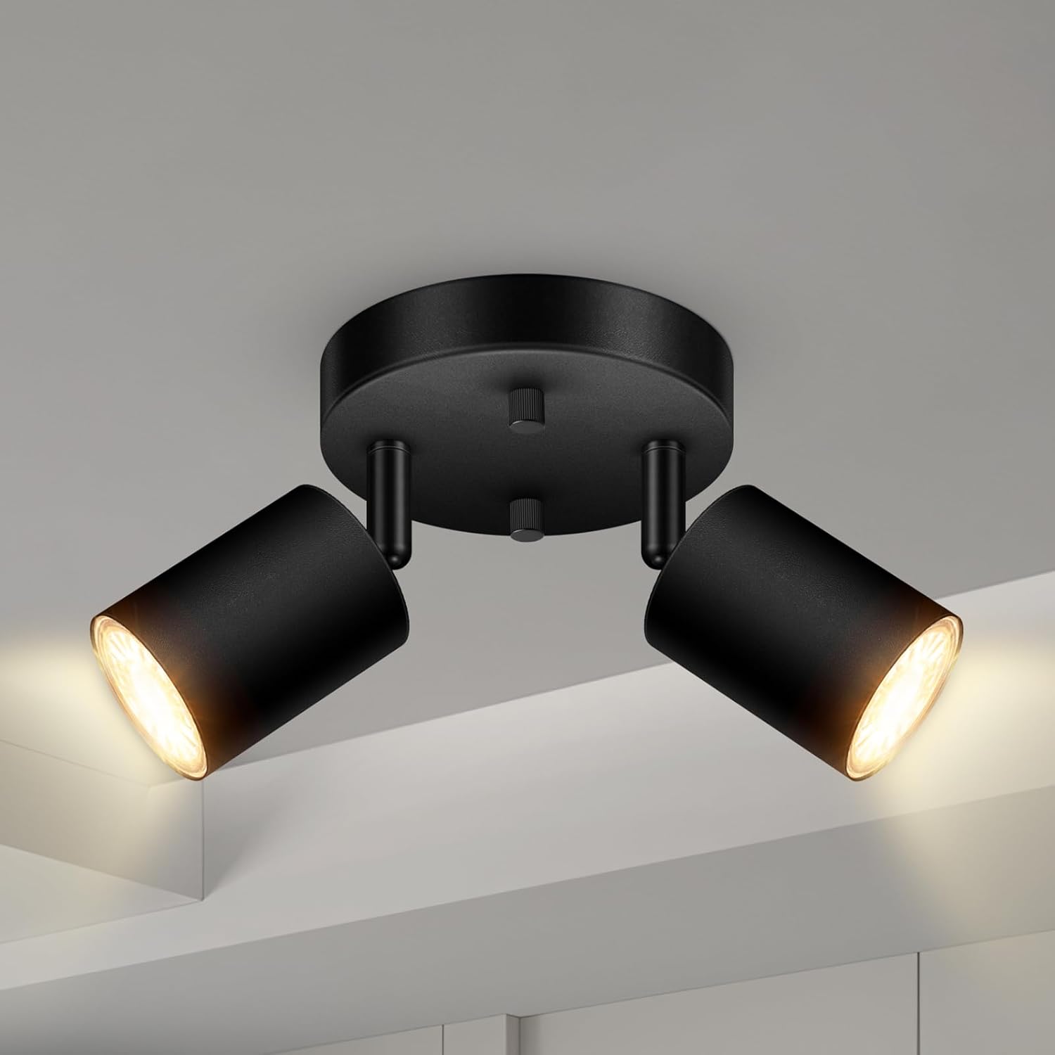 2 Light Track Lighting Fixtures Ceiling, Matte Black Round Directional Ceiling Spotlight, GU10 Flush Mount Track Fixture, Adjustable Modern LED Track Lights for Kitchen/Living Room, Bulb Not Included - Grand Goldman