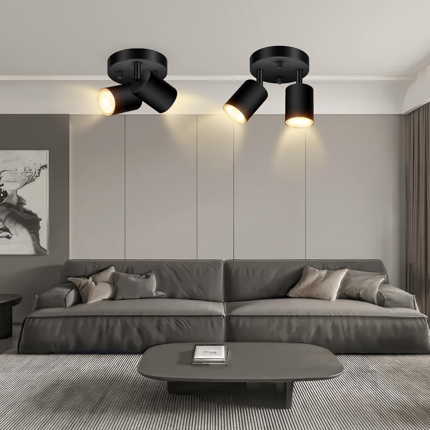 2 Light Track Lighting Fixtures Ceiling, Matte Black Round Directional Ceiling Spotlight, GU10 Flush Mount Track Fixture, Adjustable Modern LED Track Lights for Kitchen/Living Room, Bulb Not Included - Grand Goldman