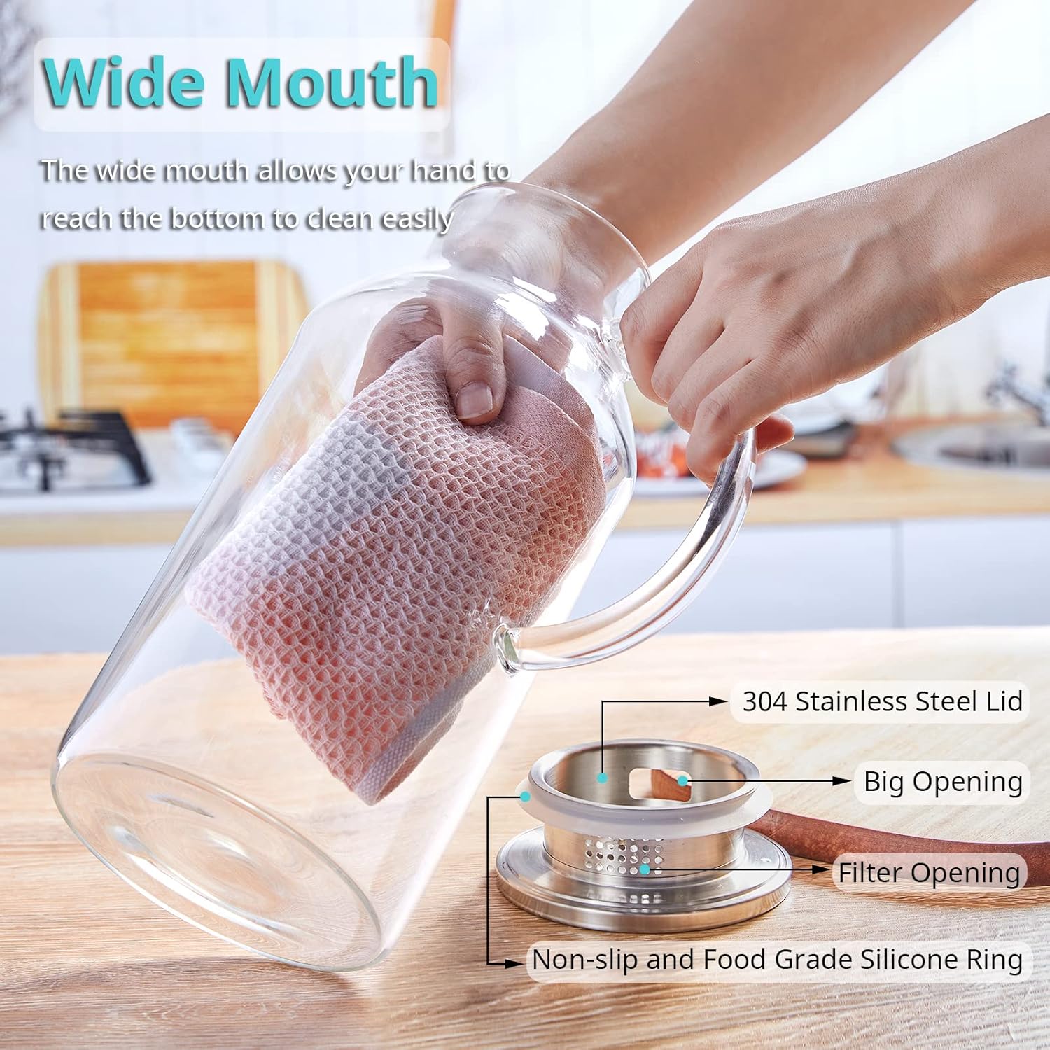 2 Liter 68 oz Glass Pitcher with Lid and Spout, Bivvclaz Water Pitcher for Fridge, Glass Carafe for Hot/Cold Water, Large Iced Tea Pitcher for Coffee, Juice and Homemade Beverage - Grand Goldman