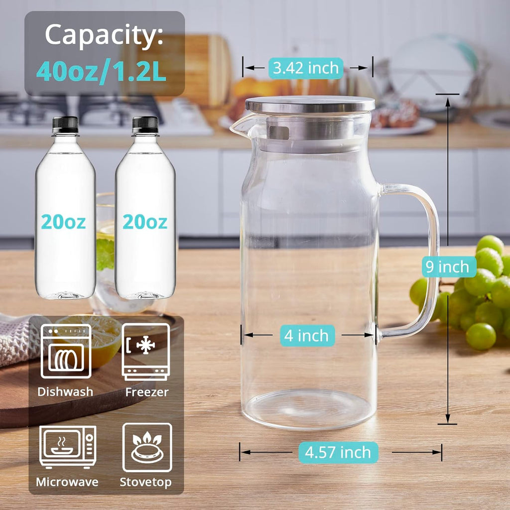 2 Liter 68 oz Glass Pitcher with Lid and Spout, Bivvclaz Water Pitcher for Fridge, Glass Carafe for Hot/Cold Water, Large Iced Tea Pitcher for Coffee, Juice and Homemade Beverage - Grand Goldman