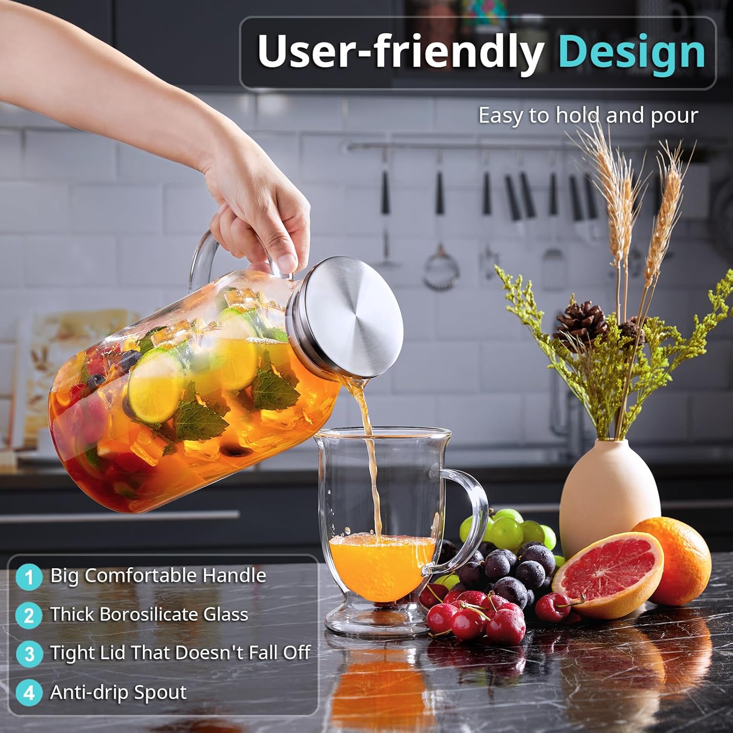 2 Liter 68 oz Glass Pitcher with Lid and Spout, Bivvclaz Water Pitcher for Fridge, Glass Carafe for Hot/Cold Water, Large Iced Tea Pitcher for Coffee, Juice and Homemade Beverage - Grand Goldman