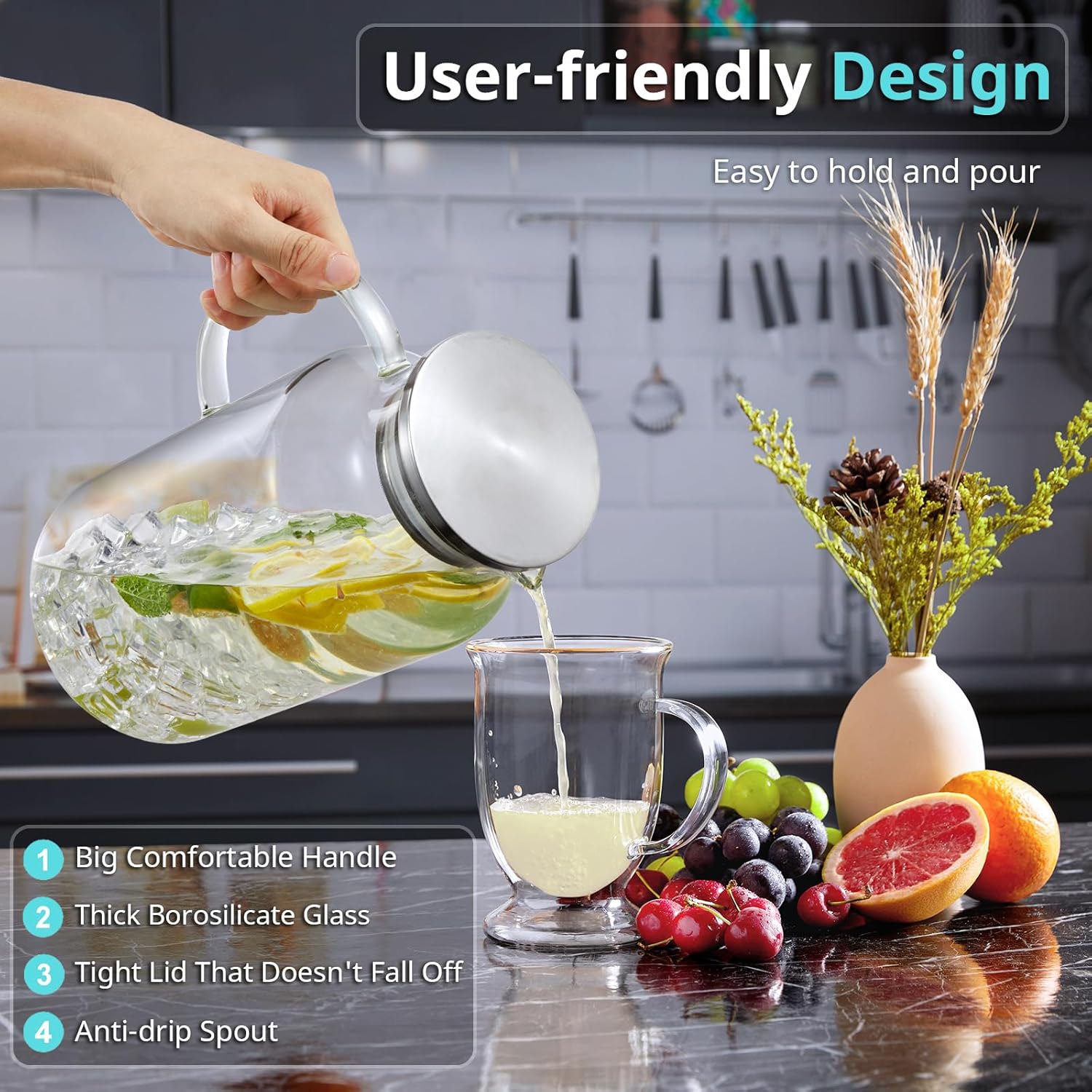 2 Liter 68 oz Glass Pitcher with Lid and Spout, Bivvclaz Water Pitcher for Fridge, Glass Carafe for Hot/Cold Water, Large Iced Tea Pitcher for Coffee, Juice and Homemade Beverage - Grand Goldman