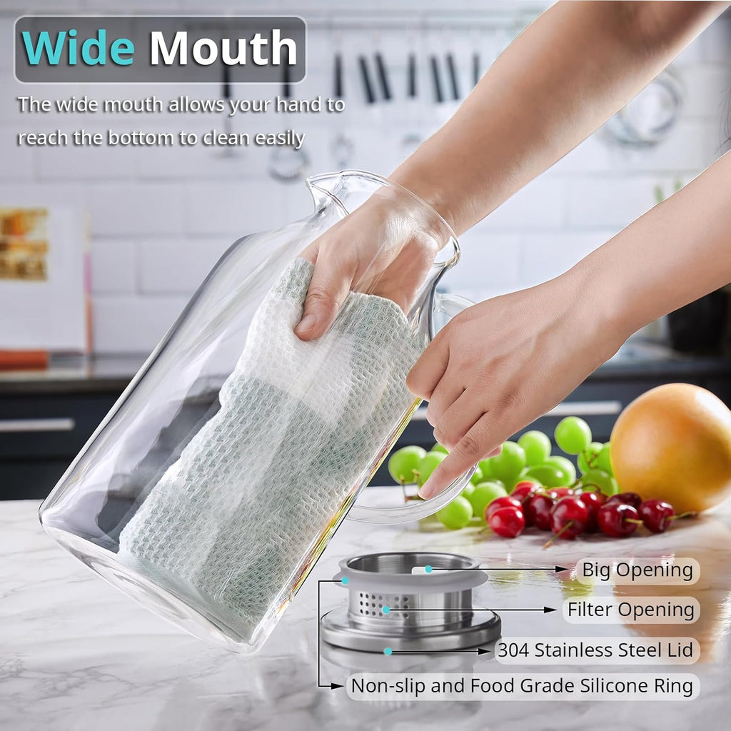 2 Liter 68 oz Glass Pitcher with Lid and Spout, Bivvclaz Water Pitcher for Fridge, Glass Carafe for Hot/Cold Water, Large Iced Tea Pitcher for Coffee, Juice and Homemade Beverage - Grand Goldman