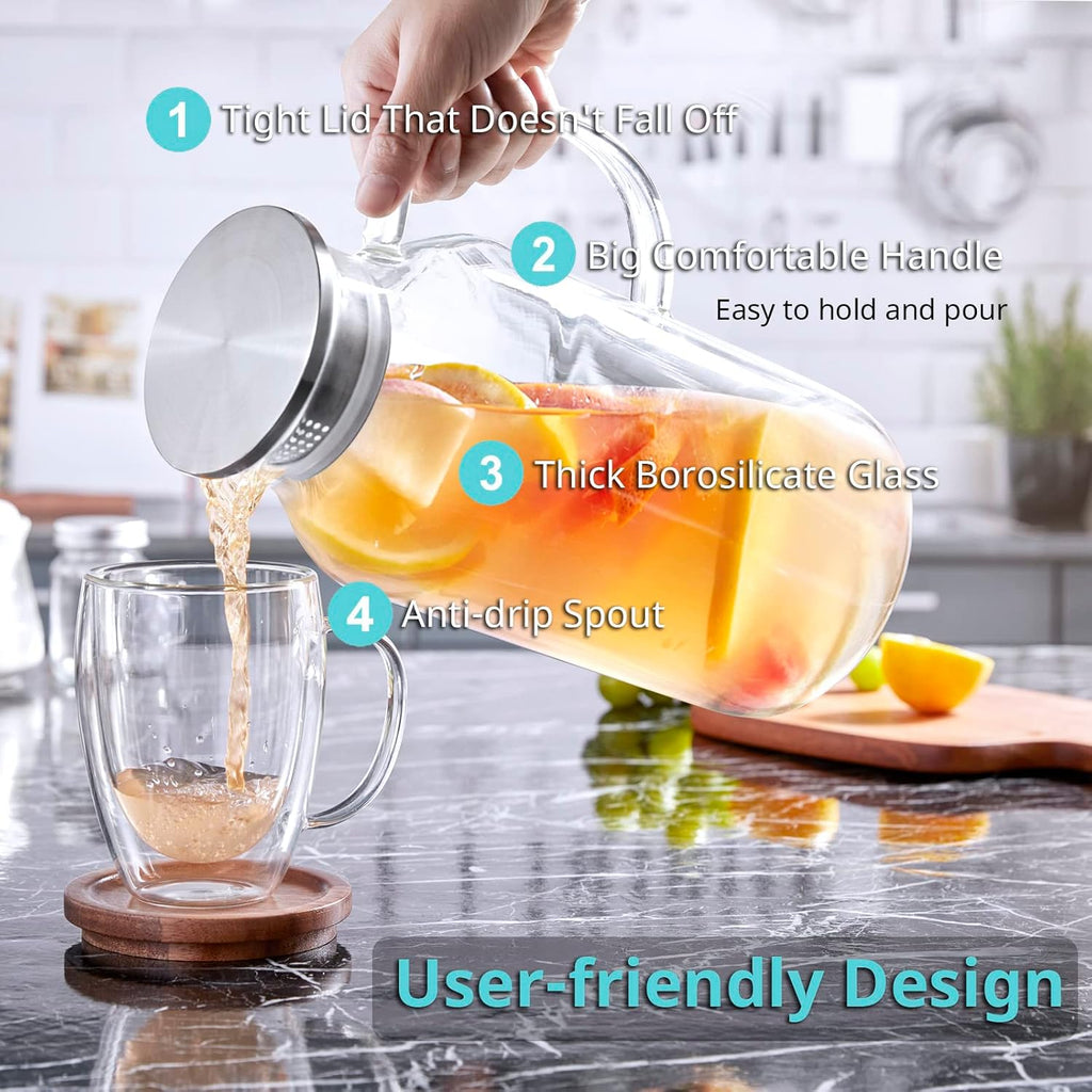 2 Liter 68 oz Glass Pitcher with Lid and Spout, Bivvclaz Water Pitcher for Fridge, Glass Carafe for Hot/Cold Water, Large Iced Tea Pitcher for Coffee, Juice and Homemade Beverage - Grand Goldman