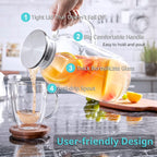 2 Liter 68 oz Glass Pitcher with Lid and Spout, Bivvclaz Water Pitcher for Fridge, Glass Carafe for Hot/Cold Water, Large Iced Tea Pitcher for Coffee, Juice and Homemade Beverage - Grand Goldman