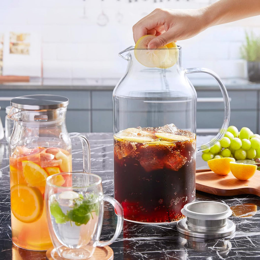 2 Liter 68 oz Glass Pitcher with Lid and Spout, Bivvclaz Water Pitcher for Fridge, Glass Carafe for Hot/Cold Water, Large Iced Tea Pitcher for Coffee, Juice and Homemade Beverage - Grand Goldman