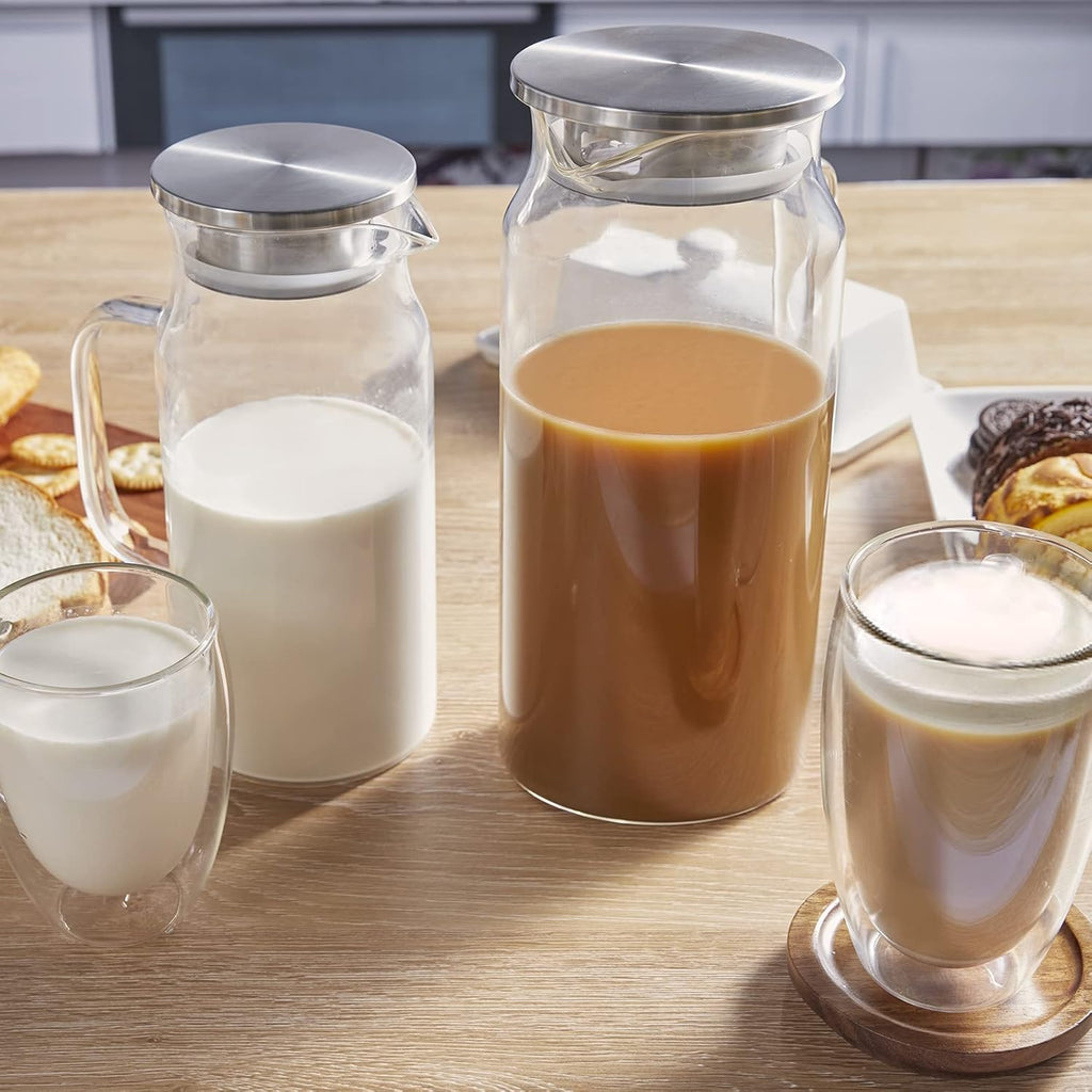 2 Liter 68 oz Glass Pitcher with Lid and Spout, Bivvclaz Water Pitcher for Fridge, Glass Carafe for Hot/Cold Water, Large Iced Tea Pitcher for Coffee, Juice and Homemade Beverage - Grand Goldman