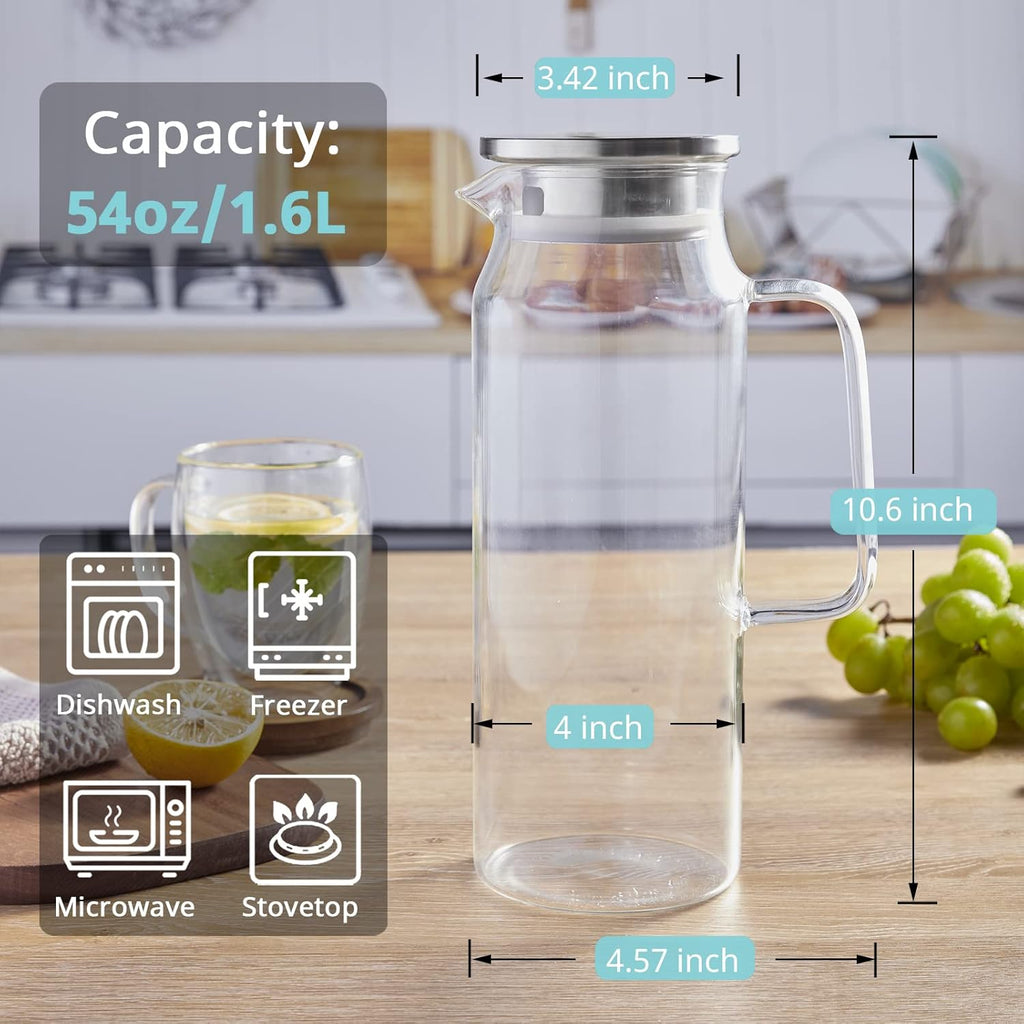 2 Liter 68 oz Glass Pitcher with Lid and Spout, Bivvclaz Water Pitcher for Fridge, Glass Carafe for Hot/Cold Water, Large Iced Tea Pitcher for Coffee, Juice and Homemade Beverage - Grand Goldman