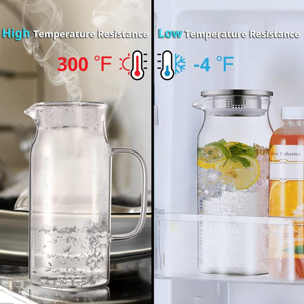 2 Liter 68 oz Glass Pitcher with Lid and Spout, Bivvclaz Water Pitcher for Fridge, Glass Carafe for Hot/Cold Water, Large Iced Tea Pitcher for Coffee, Juice and Homemade Beverage - Grand Goldman