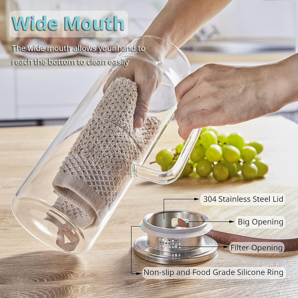 2 Liter 68 oz Glass Pitcher with Lid and Spout, Bivvclaz Water Pitcher for Fridge, Glass Carafe for Hot/Cold Water, Large Iced Tea Pitcher for Coffee, Juice and Homemade Beverage - Grand Goldman