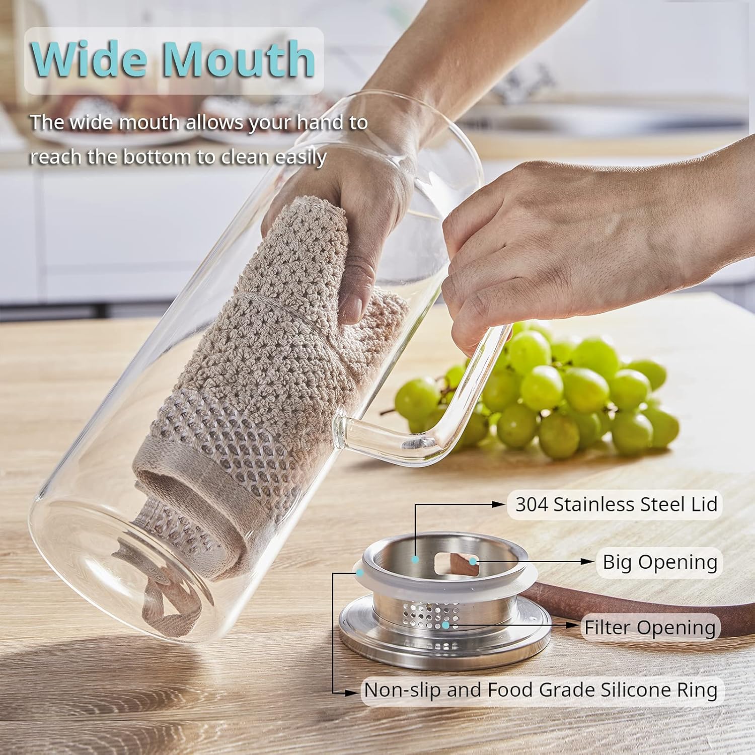 2 Liter 68 oz Glass Pitcher with Lid and Spout, Bivvclaz Water Pitcher for Fridge, Glass Carafe for Hot/Cold Water, Large Iced Tea Pitcher for Coffee, Juice and Homemade Beverage - Grand Goldman