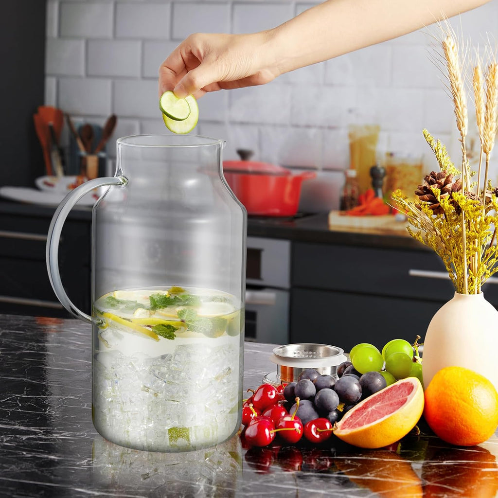 2 Liter 68 oz Glass Pitcher with Lid and Spout, Bivvclaz Water Pitcher for Fridge, Glass Carafe for Hot/Cold Water, Large Iced Tea Pitcher for Coffee, Juice and Homemade Beverage - Grand Goldman
