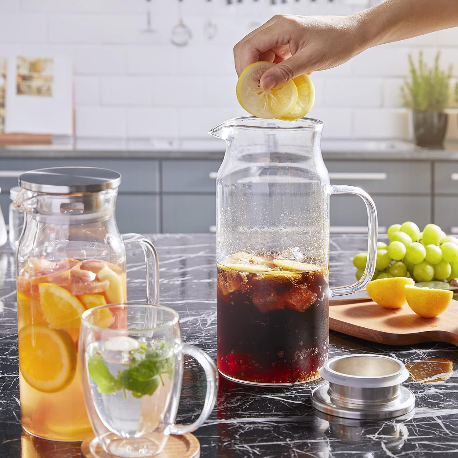 2 Liter 68 oz Glass Pitcher with Lid and Spout, Bivvclaz Water Pitcher for Fridge, Glass Carafe for Hot/Cold Water, Large Iced Tea Pitcher for Coffee, Juice and Homemade Beverage - Grand Goldman