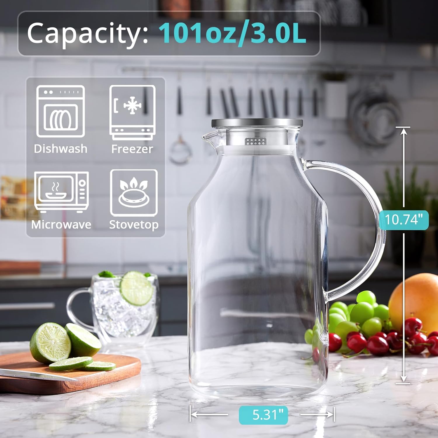 2 Liter 68 oz Glass Pitcher with Lid and Spout, Bivvclaz Water Pitcher for Fridge, Glass Carafe for Hot/Cold Water, Large Iced Tea Pitcher for Coffee, Juice and Homemade Beverage - Grand Goldman