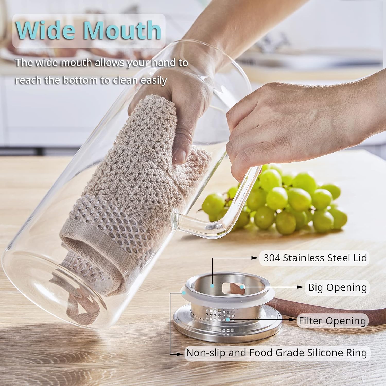 2 Liter 68 oz Glass Pitcher with Lid and Spout, Bivvclaz Water Pitcher for Fridge, Glass Carafe for Hot/Cold Water, Large Iced Tea Pitcher for Coffee, Juice and Homemade Beverage - Grand Goldman