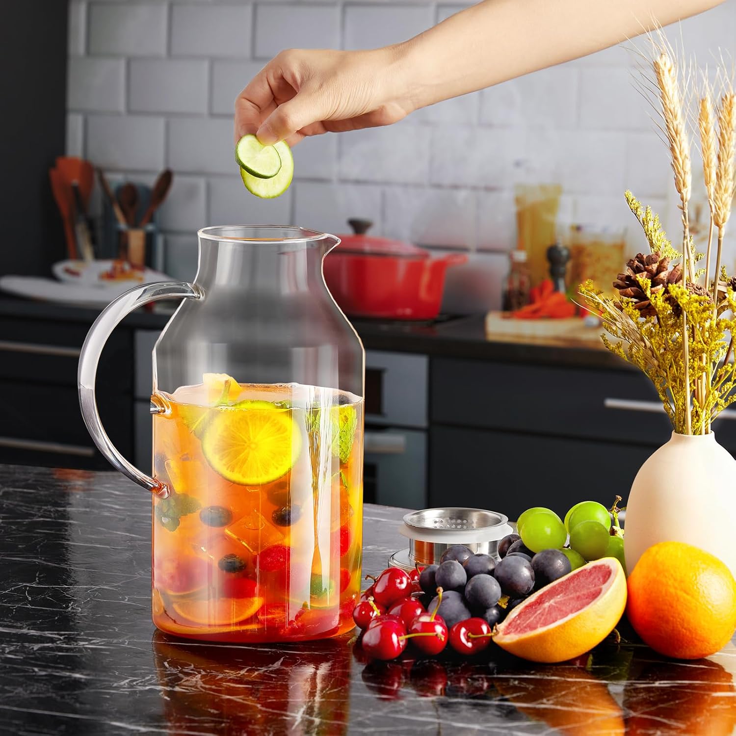 2 Liter 68 oz Glass Pitcher with Lid and Spout, Bivvclaz Water Pitcher for Fridge, Glass Carafe for Hot/Cold Water, Large Iced Tea Pitcher for Coffee, Juice and Homemade Beverage - Grand Goldman