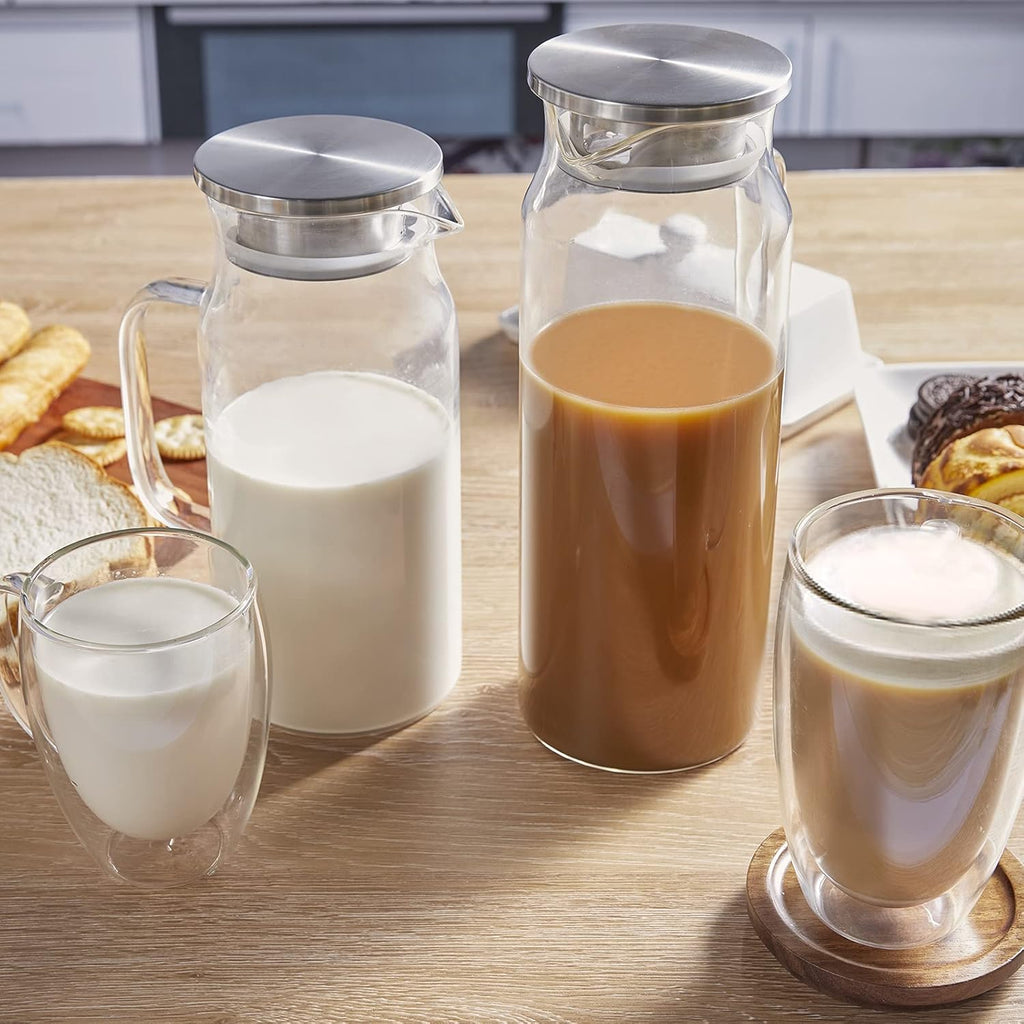 2 Liter 68 oz Glass Pitcher with Lid and Spout, Bivvclaz Water Pitcher for Fridge, Glass Carafe for Hot/Cold Water, Large Iced Tea Pitcher for Coffee, Juice and Homemade Beverage - Grand Goldman
