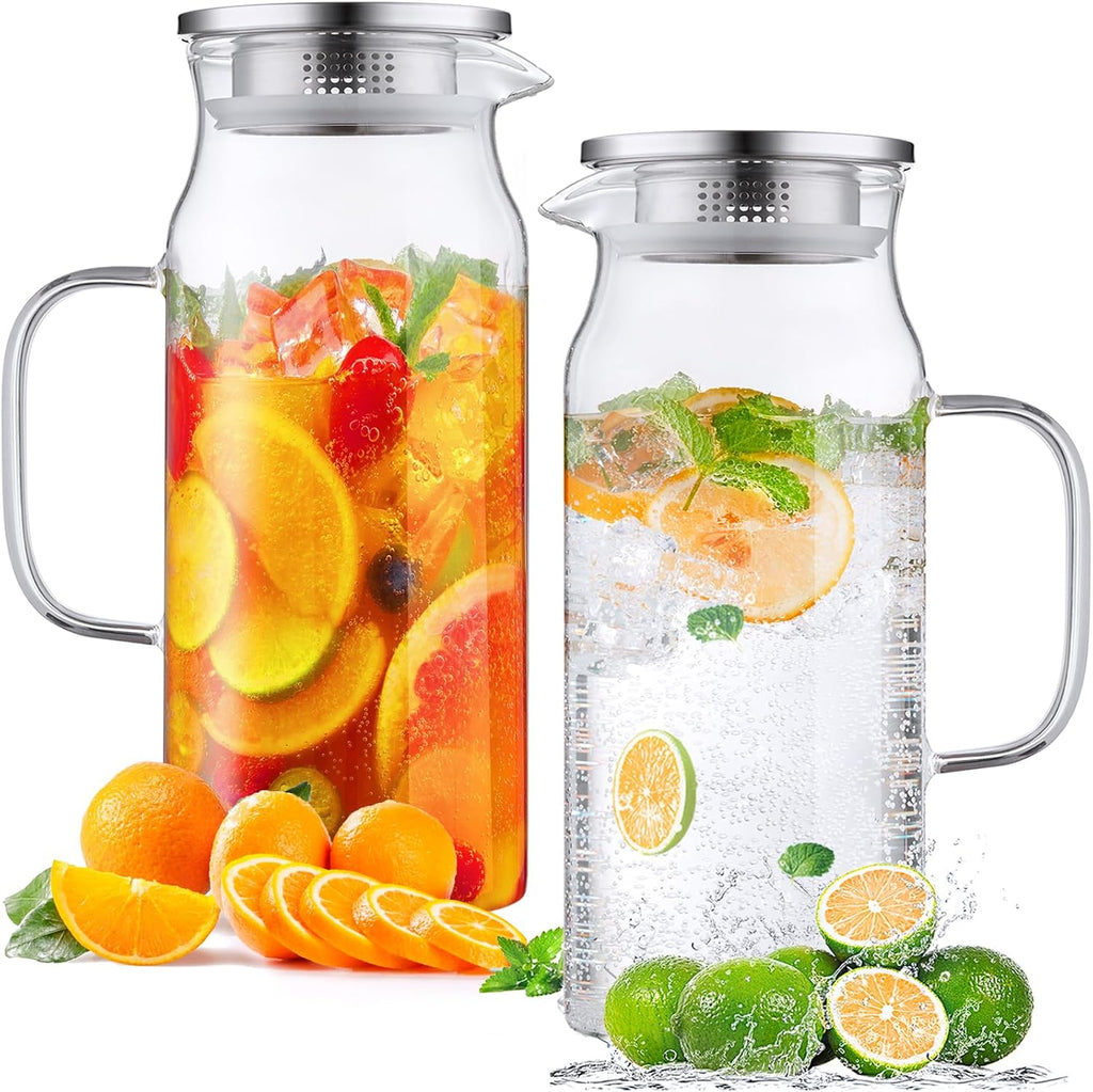 2 Liter 68 oz Glass Pitcher with Lid and Spout, Bivvclaz Water Pitcher for Fridge, Glass Carafe for Hot/Cold Water, Large Iced Tea Pitcher for Coffee, Juice and Homemade Beverage - Grand Goldman