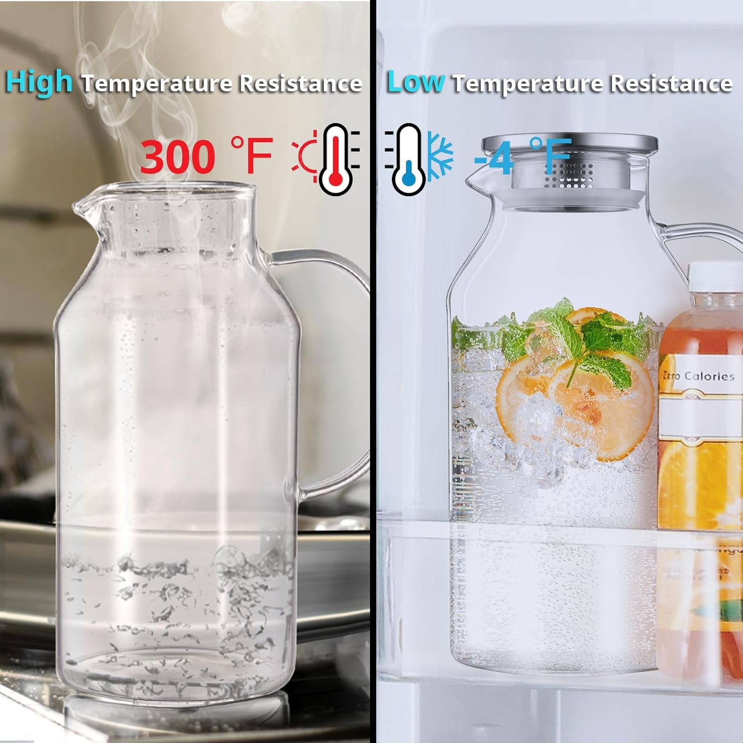 2 Liter 68 oz Glass Pitcher with Lid and Spout, Bivvclaz Water Pitcher for Fridge, Glass Carafe for Hot/Cold Water, Large Iced Tea Pitcher for Coffee, Juice and Homemade Beverage - Grand Goldman
