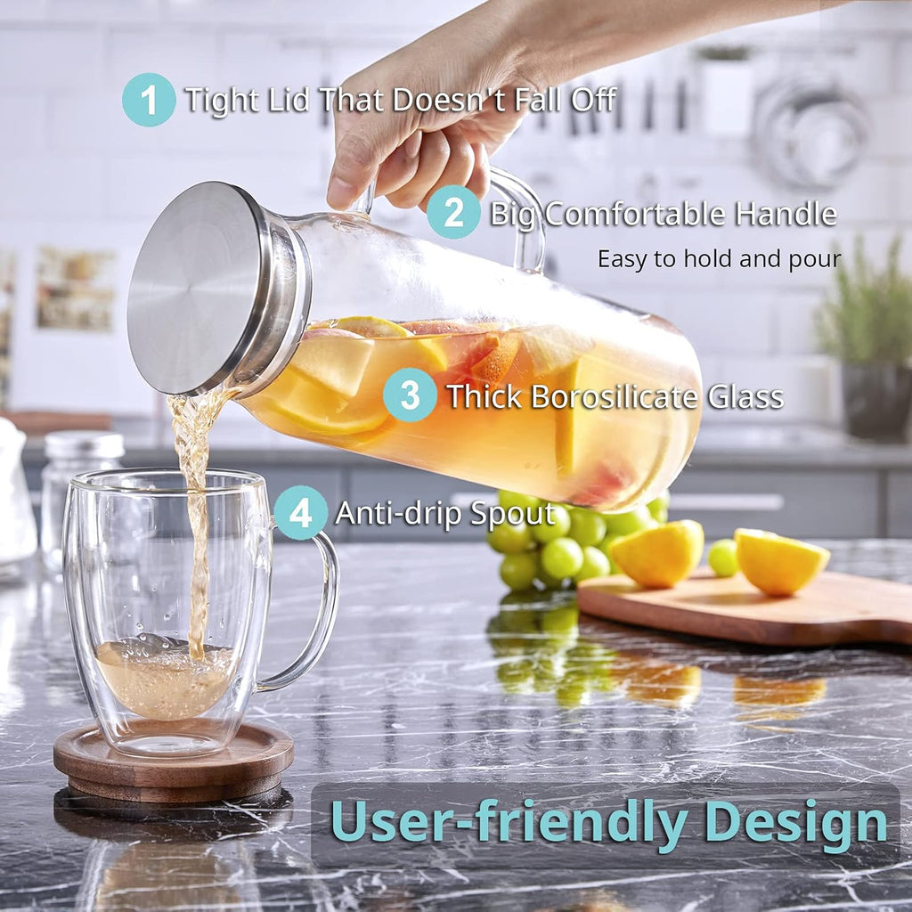 2 Liter 68 oz Glass Pitcher with Lid and Spout, Bivvclaz Water Pitcher for Fridge, Glass Carafe for Hot/Cold Water, Large Iced Tea Pitcher for Coffee, Juice and Homemade Beverage - Grand Goldman
