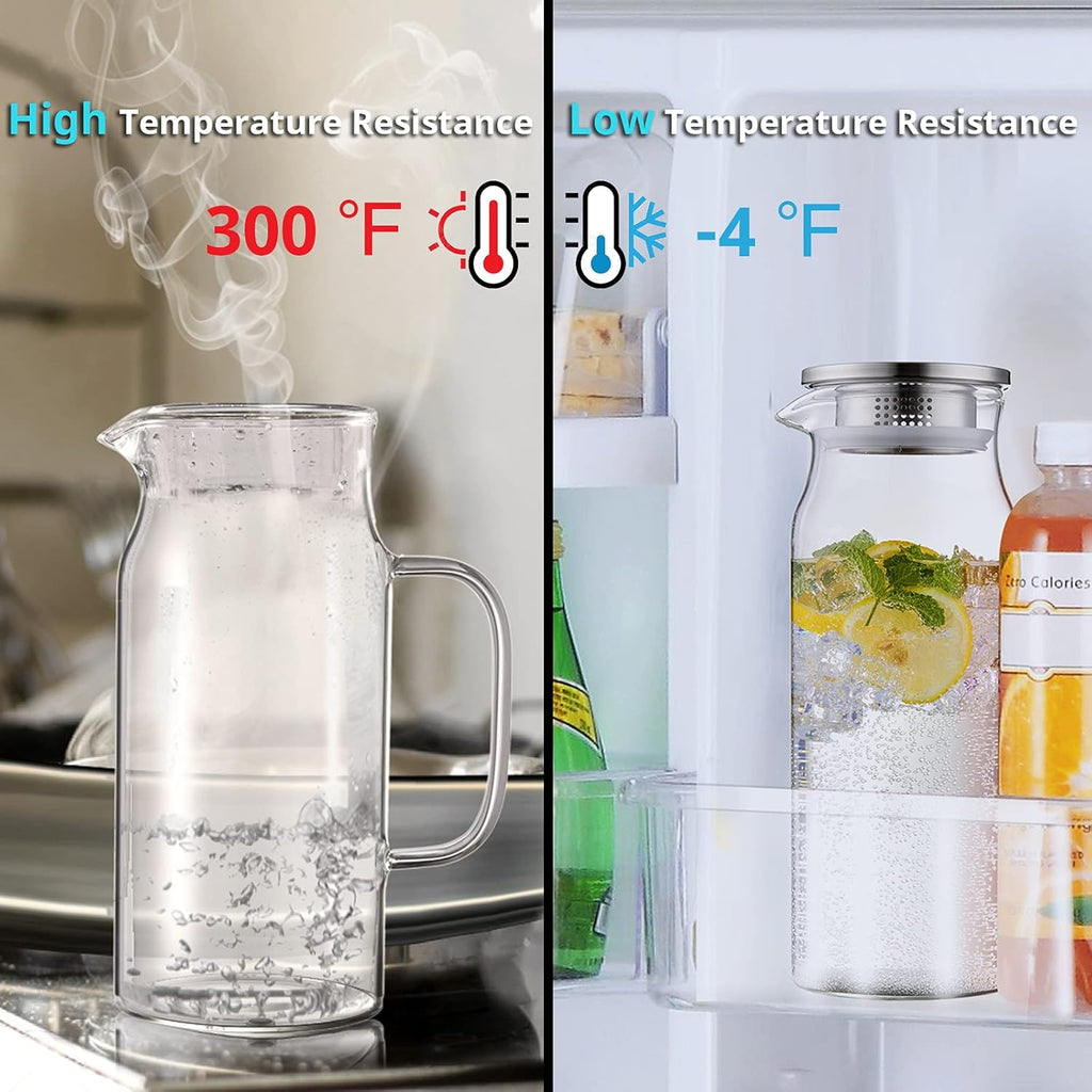 2 Liter 68 oz Glass Pitcher with Lid and Spout, Bivvclaz Water Pitcher for Fridge, Glass Carafe for Hot/Cold Water, Large Iced Tea Pitcher for Coffee, Juice and Homemade Beverage - Grand Goldman