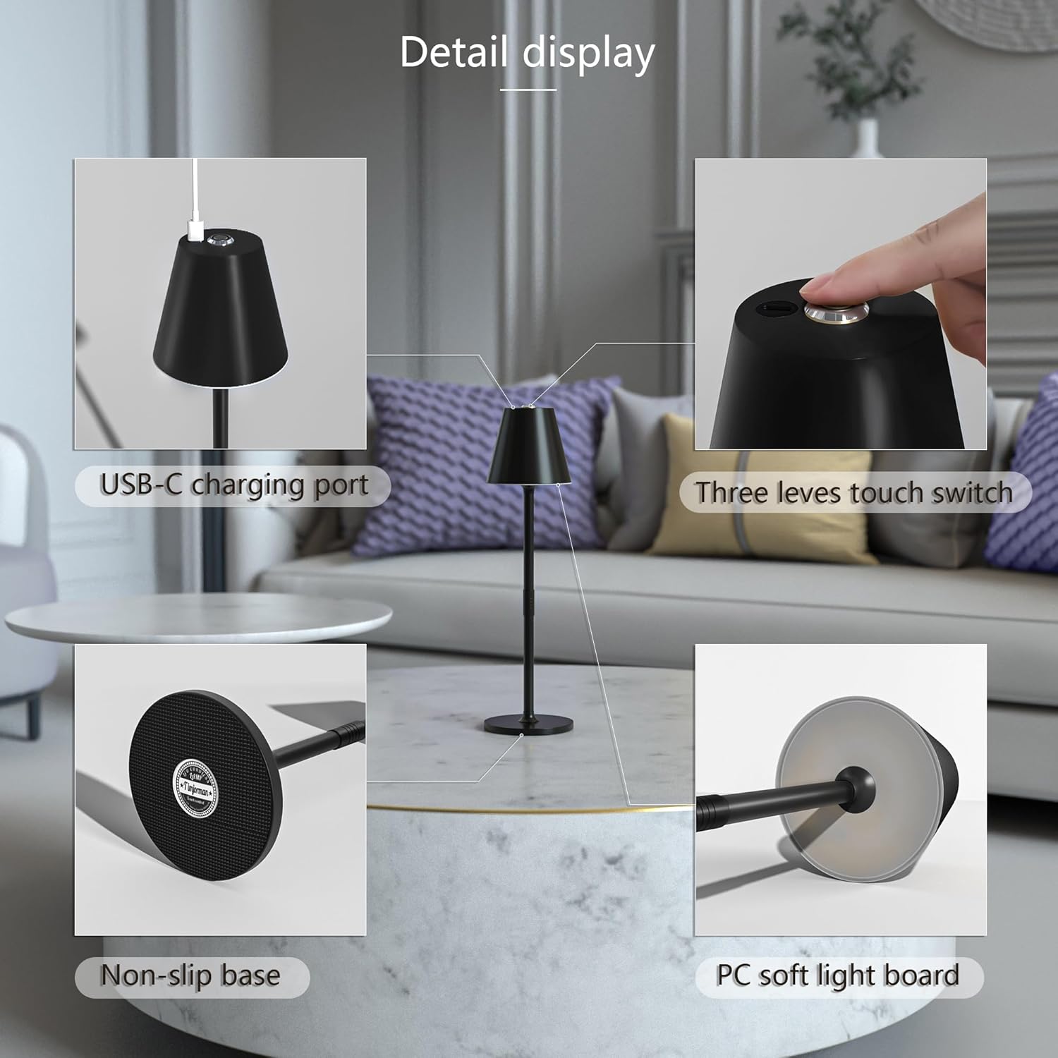 2 Pack LED CordlessTable Lamp,4000mAh Rechargeable Battery Desk lamp,3 Level Brightness Night Light,Minimalist Design, for Couple Dinner/Coffee Table/Restaurant/Bedroom(Black 2pack) - Grand Goldman