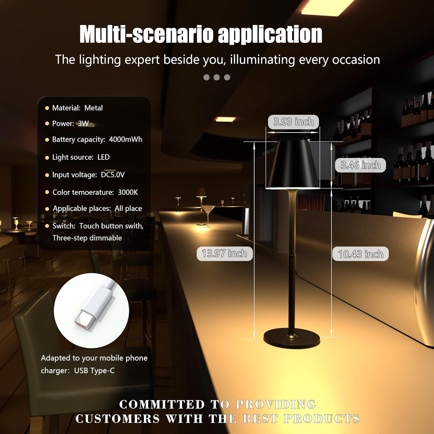 2 Pack LED CordlessTable Lamp,4000mAh Rechargeable Battery Desk lamp,3 Level Brightness Night Light,Minimalist Design, for Couple Dinner/Coffee Table/Restaurant/Bedroom(Black 2pack) - Grand Goldman