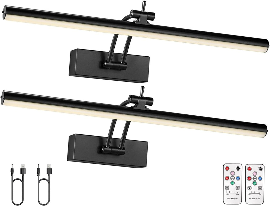 2 Pack Picture Light Battery Operated for Wall, 16" Wireless Display Art Lighting for Painting with Remote, Dimmable 5200mAh Picture Frame Lights for Gallery, Black - Grand Goldman