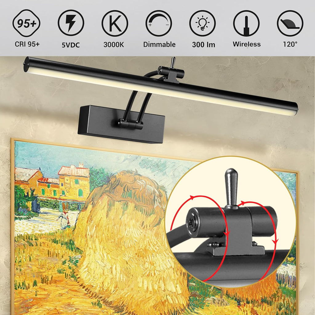 2 Pack Picture Light Battery Operated for Wall, 16" Wireless Display Art Lighting for Painting with Remote, Dimmable 5200mAh Picture Frame Lights for Gallery, Black - Grand Goldman