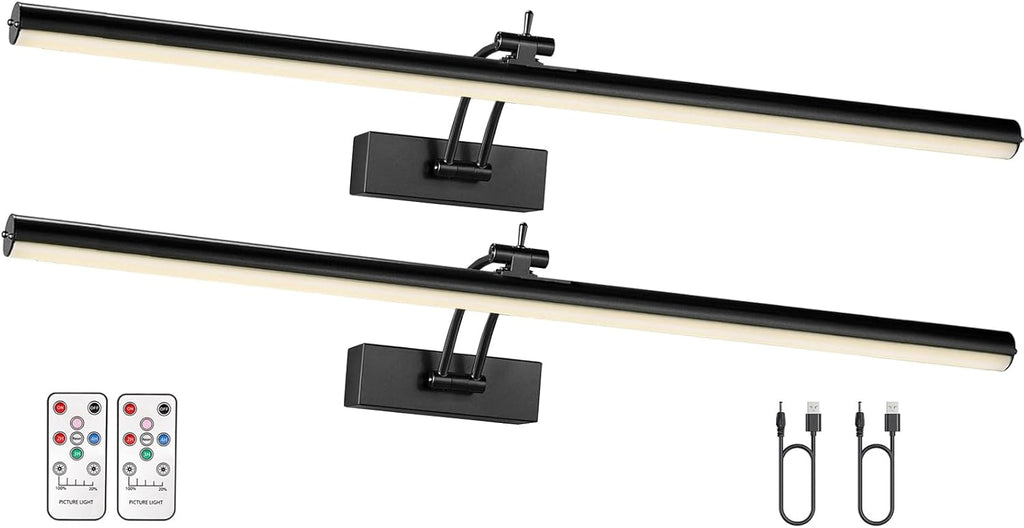 2 Pack Picture Light Battery Operated for Wall, 16" Wireless Display Art Lighting for Painting with Remote, Dimmable 5200mAh Picture Frame Lights for Gallery, Black - Grand Goldman