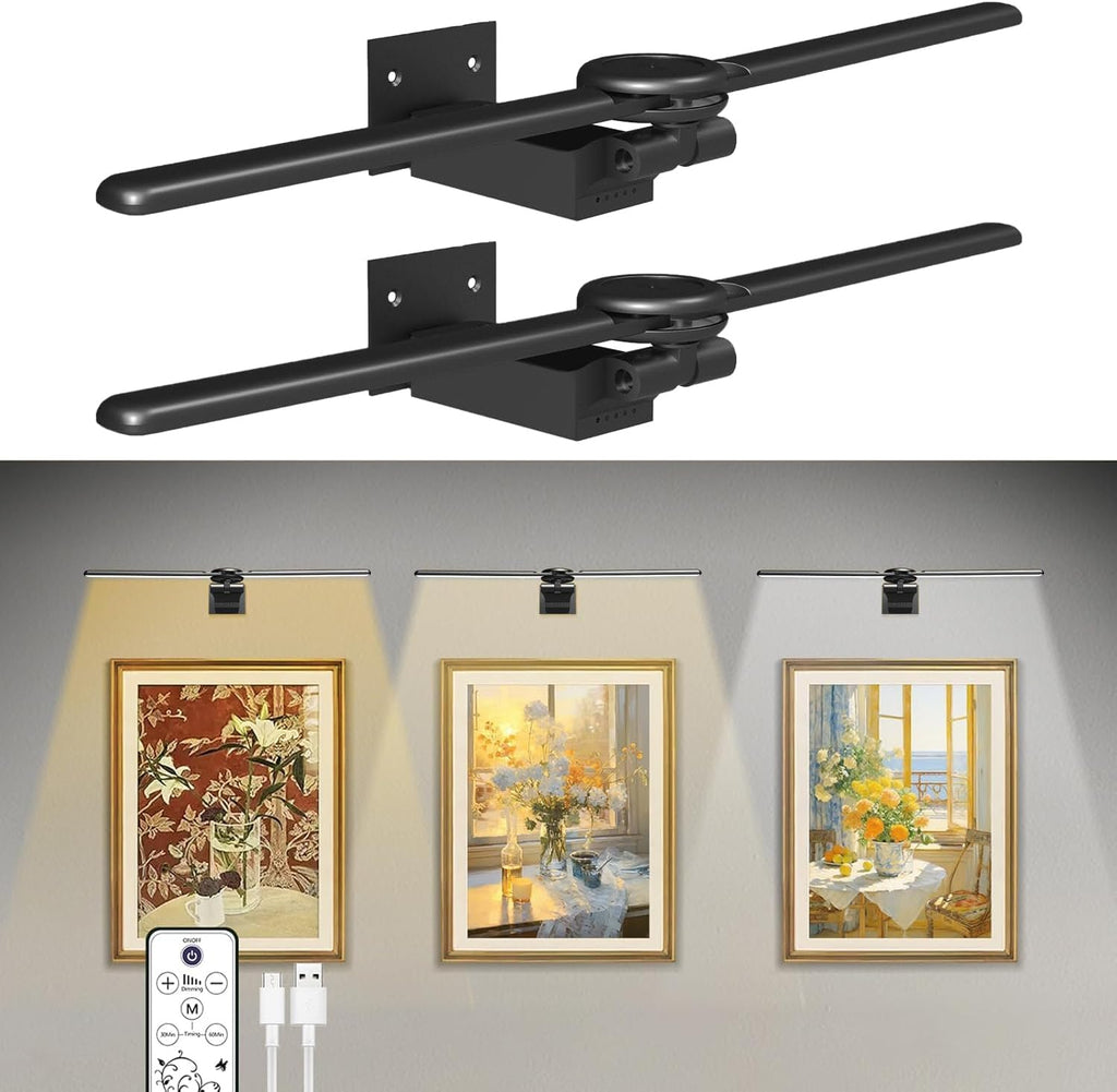 2 Pack Picture Light for Wall, 18in Rechargeable Wall Art Light with Timer and Dimmable, Painting Frame Light with Remote Control Display for Wall Painting, Frame, Portrait, Dartboard(Gold) - Grand Goldman