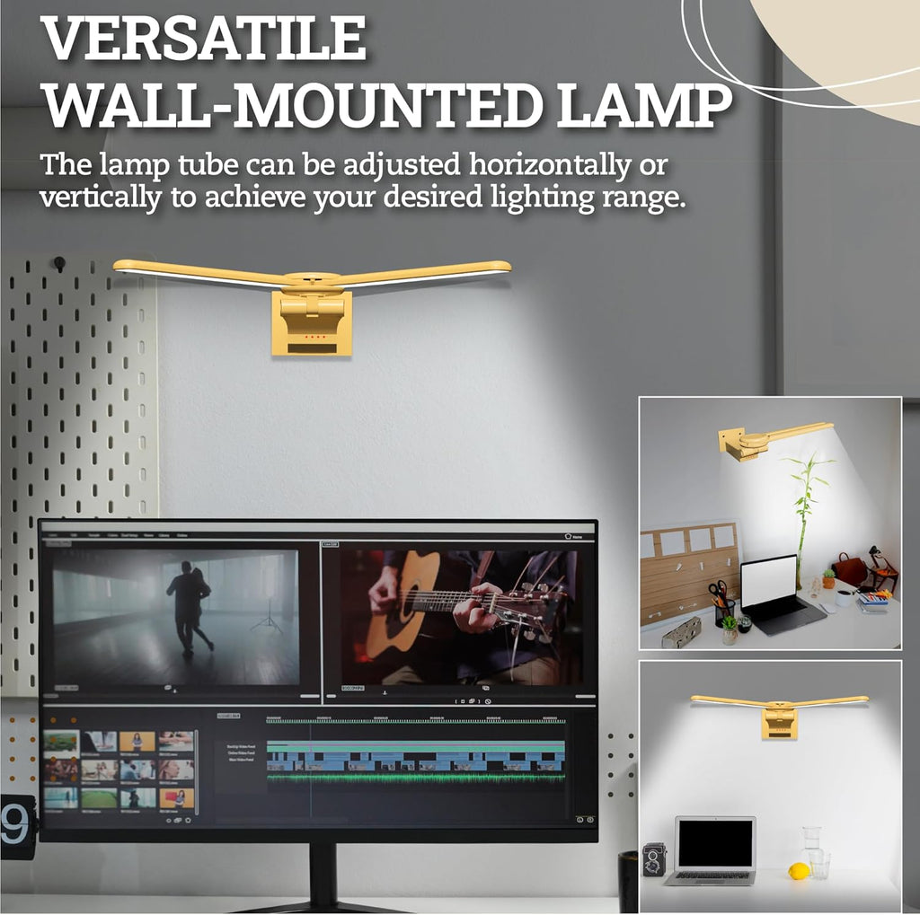 2 Pack Picture Light for Wall, 18in Rechargeable Wall Art Light with Timer and Dimmable, Painting Frame Light with Remote Control Display for Wall Painting, Frame, Portrait, Dartboard(Gold) - Grand Goldman