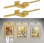 2 Pack Picture Light for Wall, 18in Rechargeable Wall Art Light with Timer and Dimmable, Painting Frame Light with Remote Control Display for Wall Painting, Frame, Portrait, Dartboard(Gold) - Grand Goldman