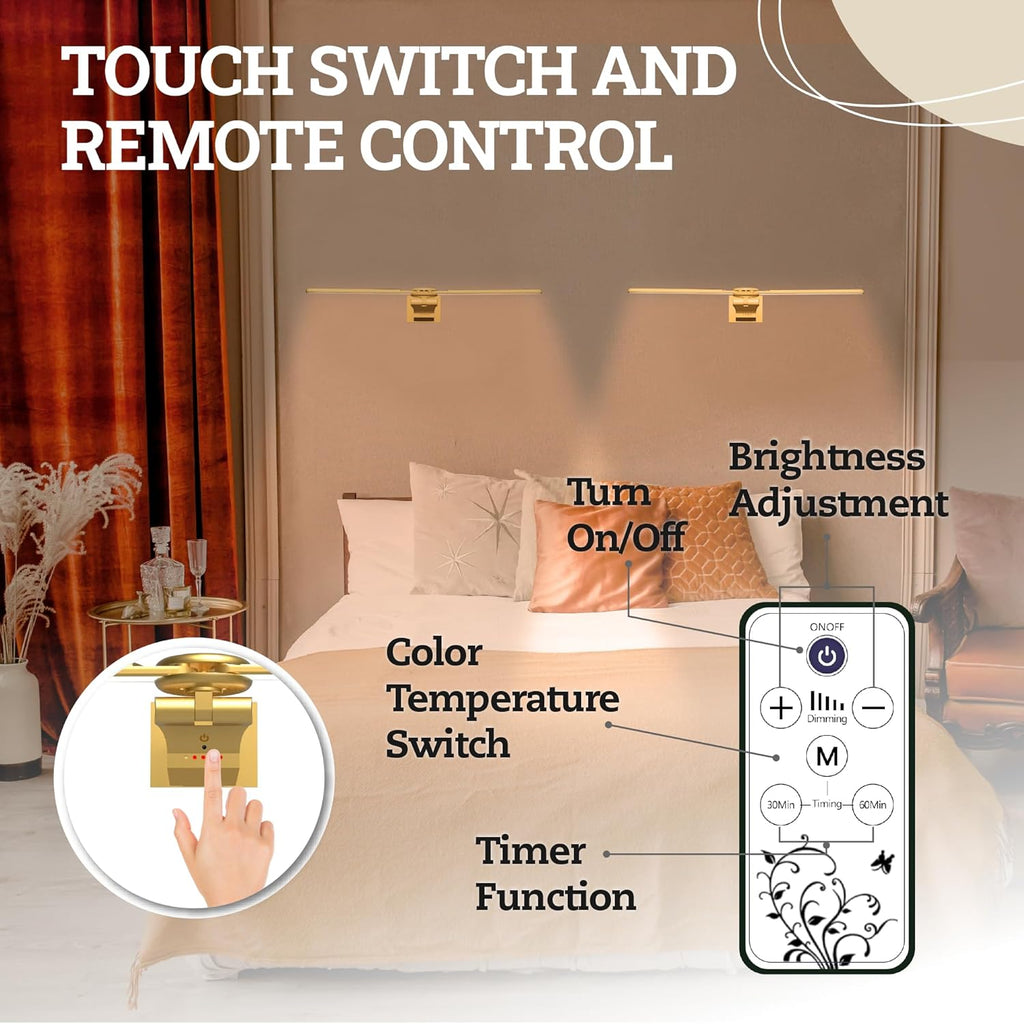 2 Pack Picture Light for Wall, 18in Rechargeable Wall Art Light with Timer and Dimmable, Painting Frame Light with Remote Control Display for Wall Painting, Frame, Portrait, Dartboard(Gold) - Grand Goldman