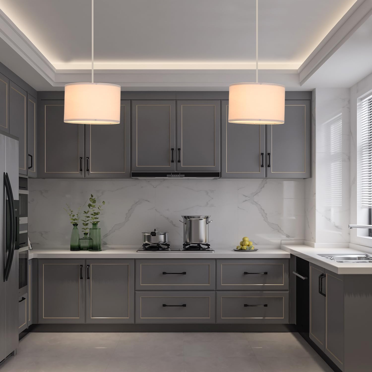 2 Pack Plug in Pendant Light, Hanging Light with 15Ft Clear Cord, On/Off Switch, White Fabric Lamp Shade, Hanging Light Fixture for Bedroom, Kitchen, Living Room, Dining Table - Grand Goldman