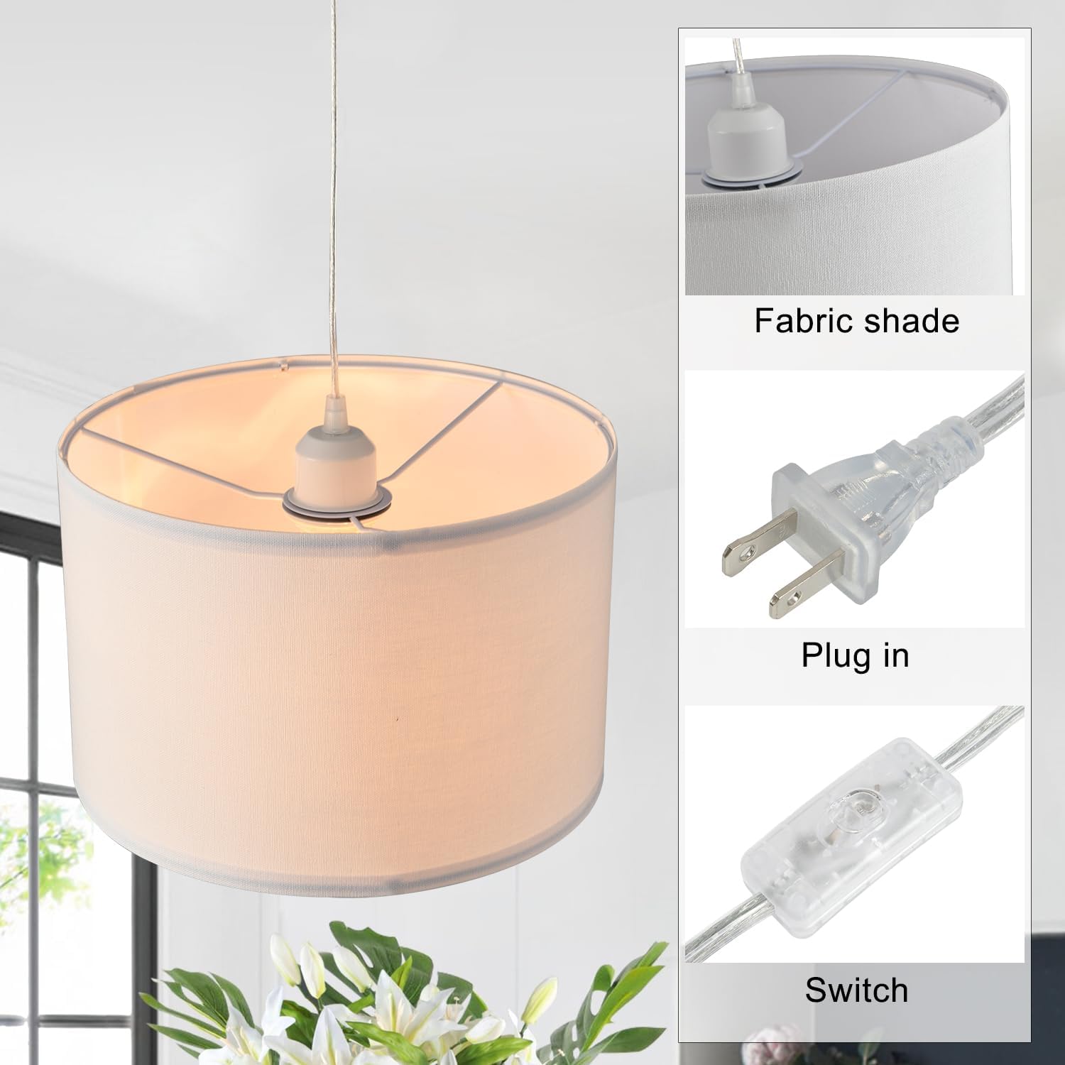 2 Pack Plug in Pendant Light, Hanging Light with 15Ft Clear Cord, On/Off Switch, White Fabric Lamp Shade, Hanging Light Fixture for Bedroom, Kitchen, Living Room, Dining Table - Grand Goldman