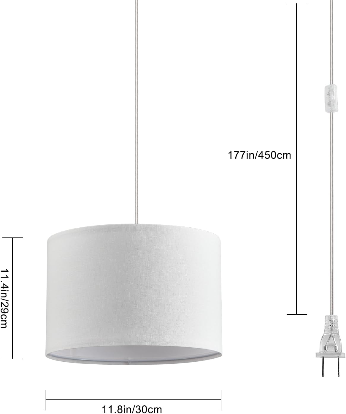 2 Pack Plug in Pendant Light, Hanging Light with 15Ft Clear Cord, On/Off Switch, White Fabric Lamp Shade, Hanging Light Fixture for Bedroom, Kitchen, Living Room, Dining Table - Grand Goldman