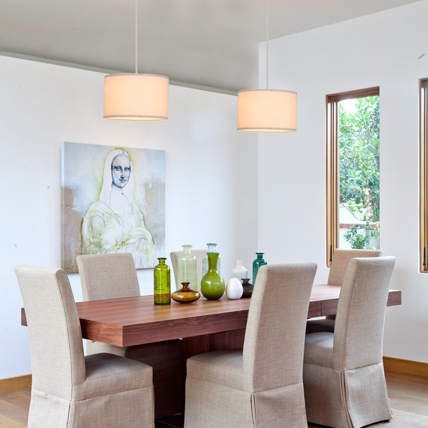 2 Pack Plug in Pendant Light, Hanging Light with 15Ft Clear Cord, On/Off Switch, White Fabric Lamp Shade, Hanging Light Fixture for Bedroom, Kitchen, Living Room, Dining Table - Grand Goldman