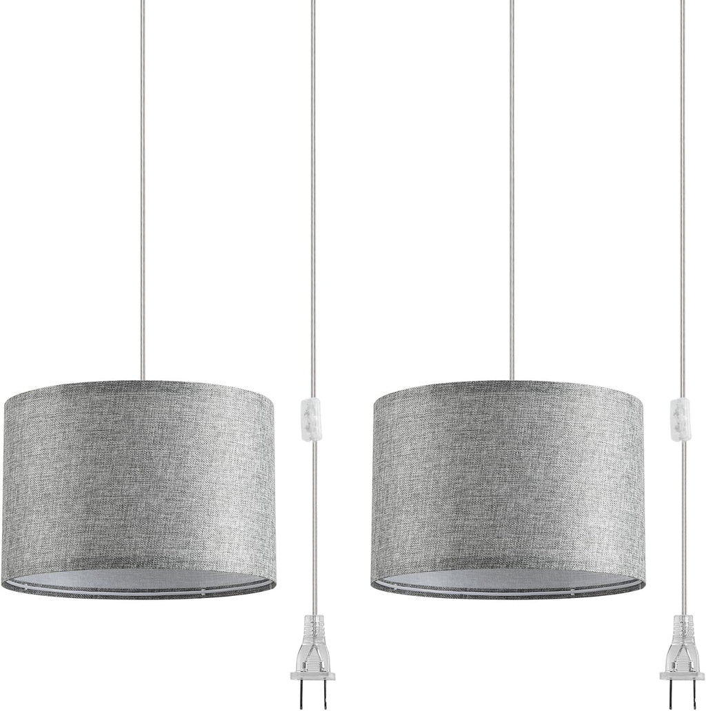 2 Pack Plug in Pendant Light, Hanging Light with 15Ft Clear Cord, On/Off Switch, White Fabric Lamp Shade, Hanging Light Fixture for Bedroom, Kitchen, Living Room, Dining Table - Grand Goldman