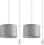 2 Pack Plug in Pendant Light, Hanging Light with 15Ft Clear Cord, On/Off Switch, White Fabric Lamp Shade, Hanging Light Fixture for Bedroom, Kitchen, Living Room, Dining Table - Grand Goldman