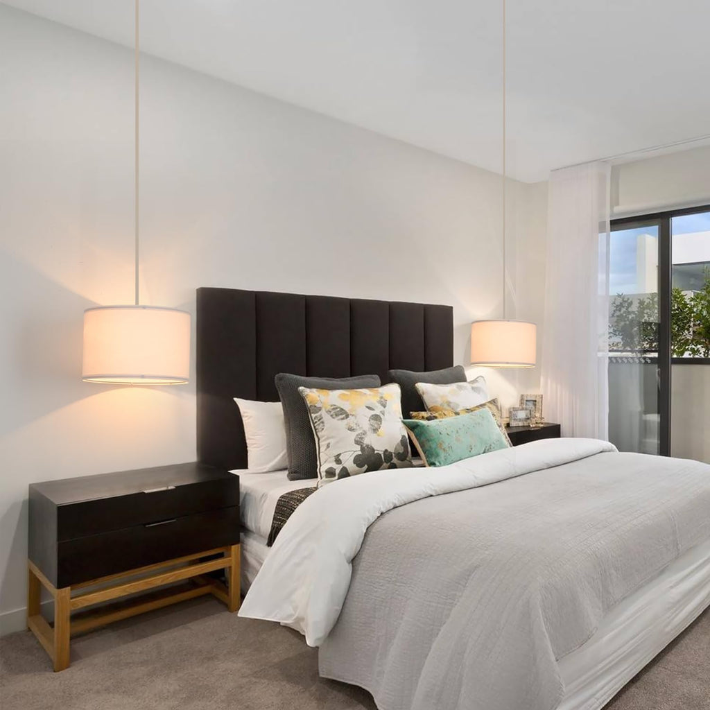 2 Pack Plug in Pendant Light, Hanging Light with 15Ft Clear Cord, On/Off Switch, White Fabric Lamp Shade, Hanging Light Fixture for Bedroom, Kitchen, Living Room, Dining Table - Grand Goldman